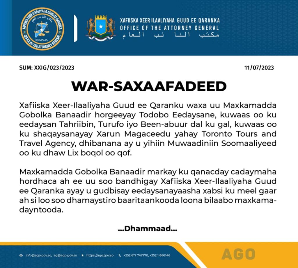 Official Statement from the Office of the Attorney General of Somalia