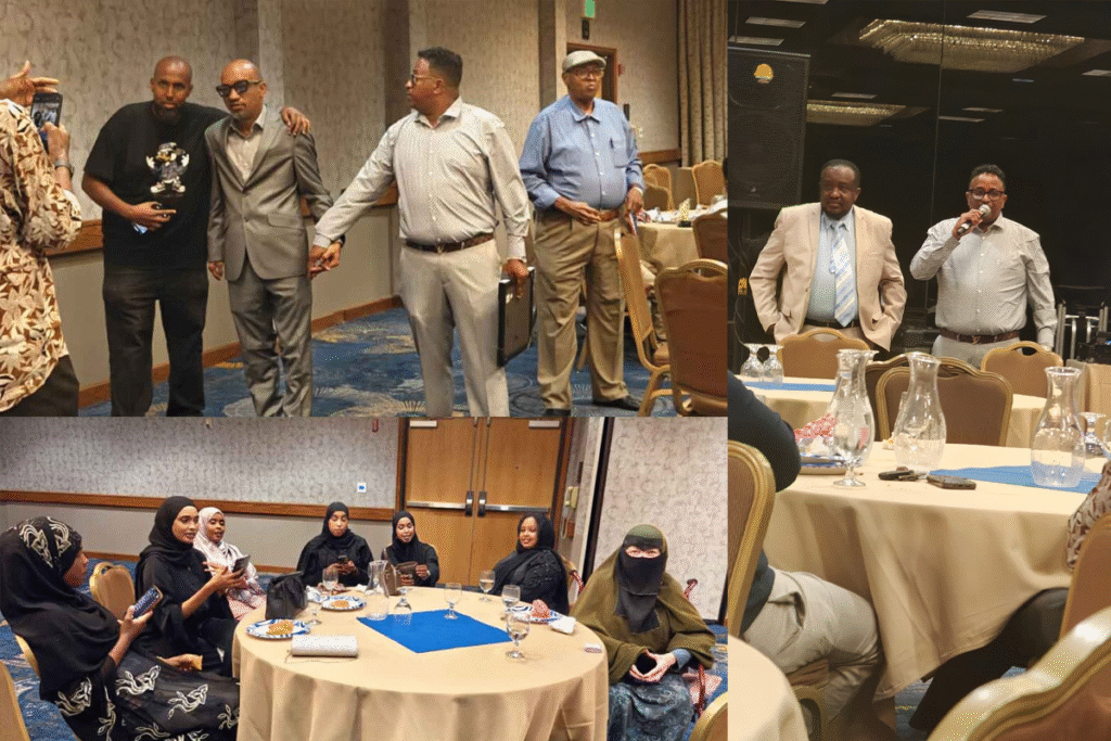 Grid of Somali community in Portland celebrating Cultural Connection & Empowerment Night with legendary Somali singer Abdulkadir Hussein Mayow Buunis.