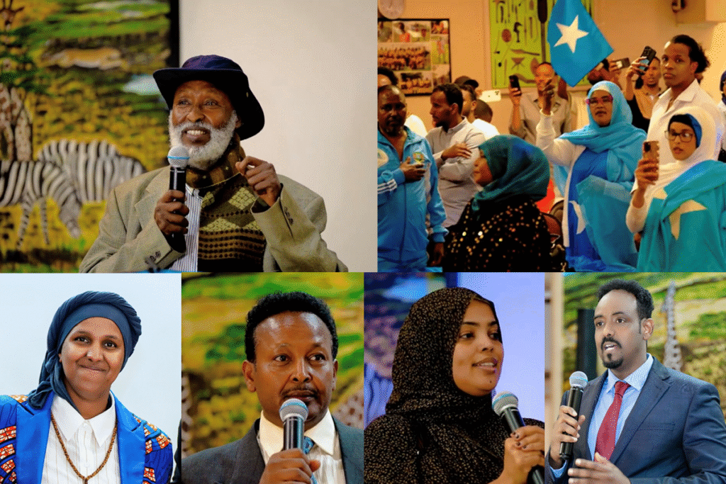 Grid of Somali community life in Winnipeg, Manitoba showing celebrations, businesses, and leaders.
