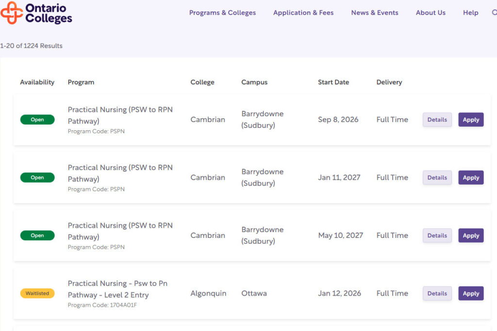 Ontario colleges program search section.