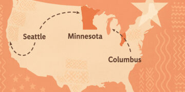 Illustrated map of the United States showing migration highlights in Minnesota, Columbus, and Seattle, with Somali cultural patterns and a white star motif.